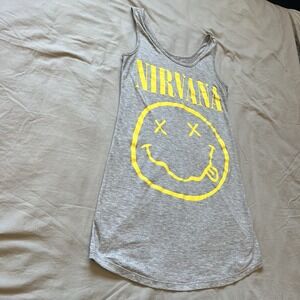 NIRVANA Tank Top Women Size Medium Grey Yellow Smiley Face Grunge T-Shirt 2014